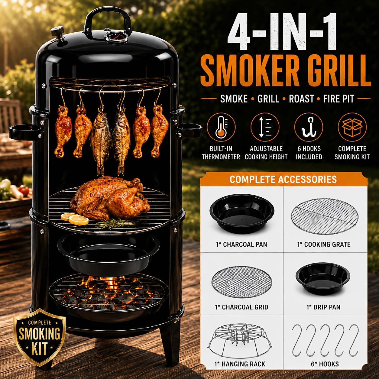 TEMU Portable Charcoal Grill With Built-in Thermometer, Vertical Bbq , 6 Hanging Hooks, Water Pan, Charcoal Grate & Fire Pit For Backyard Camping