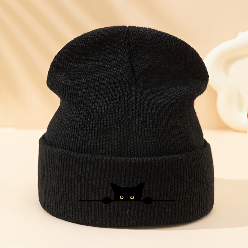 

Unisex Cartoon Cat Embroidery Knit Beanie - Acrylic Stretch Skull Cap For Winter Warmth, Casual Hip-hop Style Cuffed Hat For Men And Women