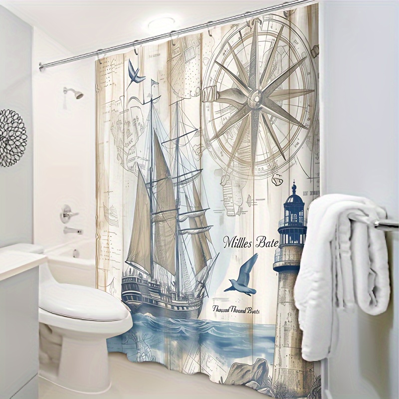 

1pc Sailing Shower Curtain, 71x71 , , , ///bathroom Decor, For Household/dorm/apartment/bathroom/