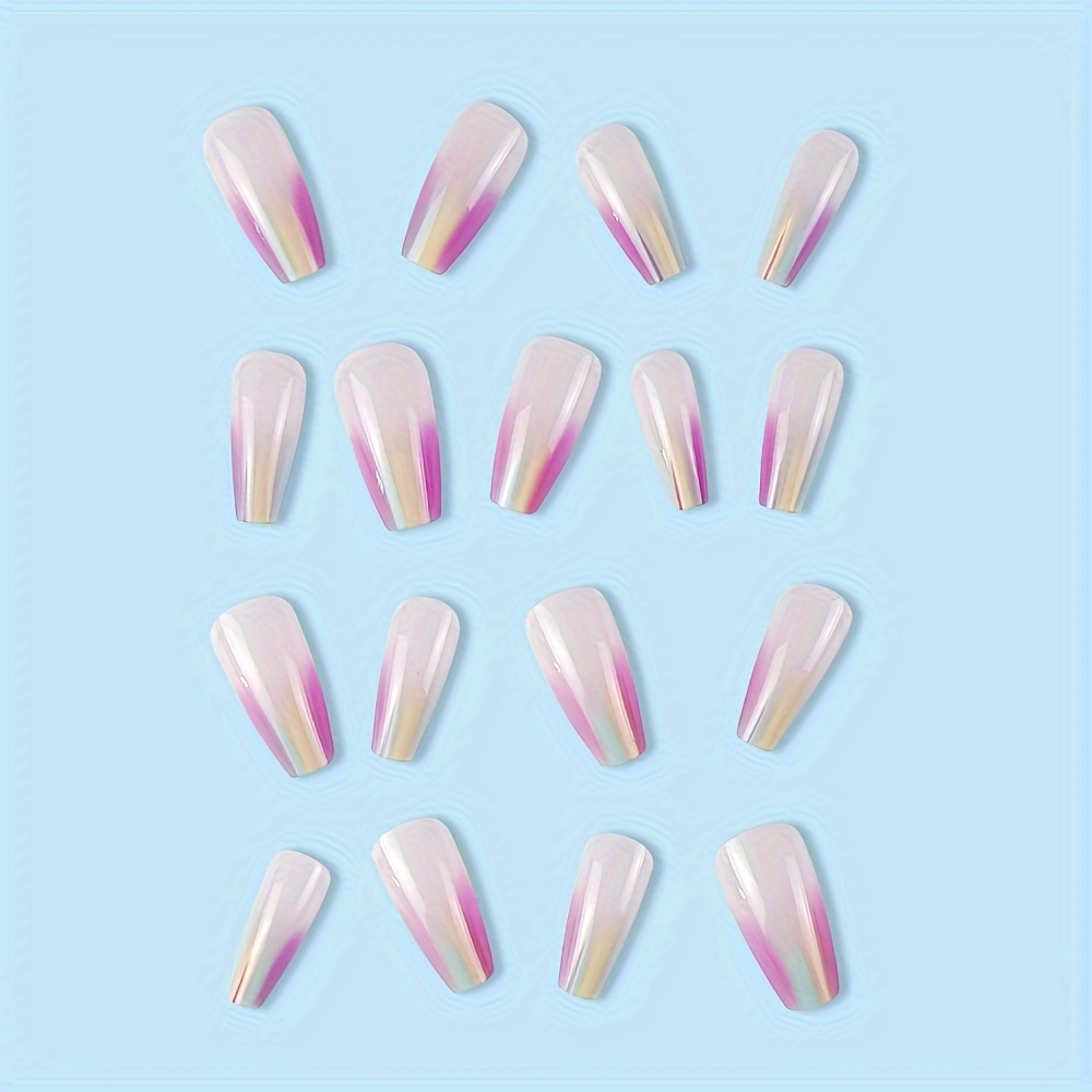 medium coffin press on nails pinkish gradient rainbow halo dyeing pattern fake nails glossy artificial finger manicure false nails details 1