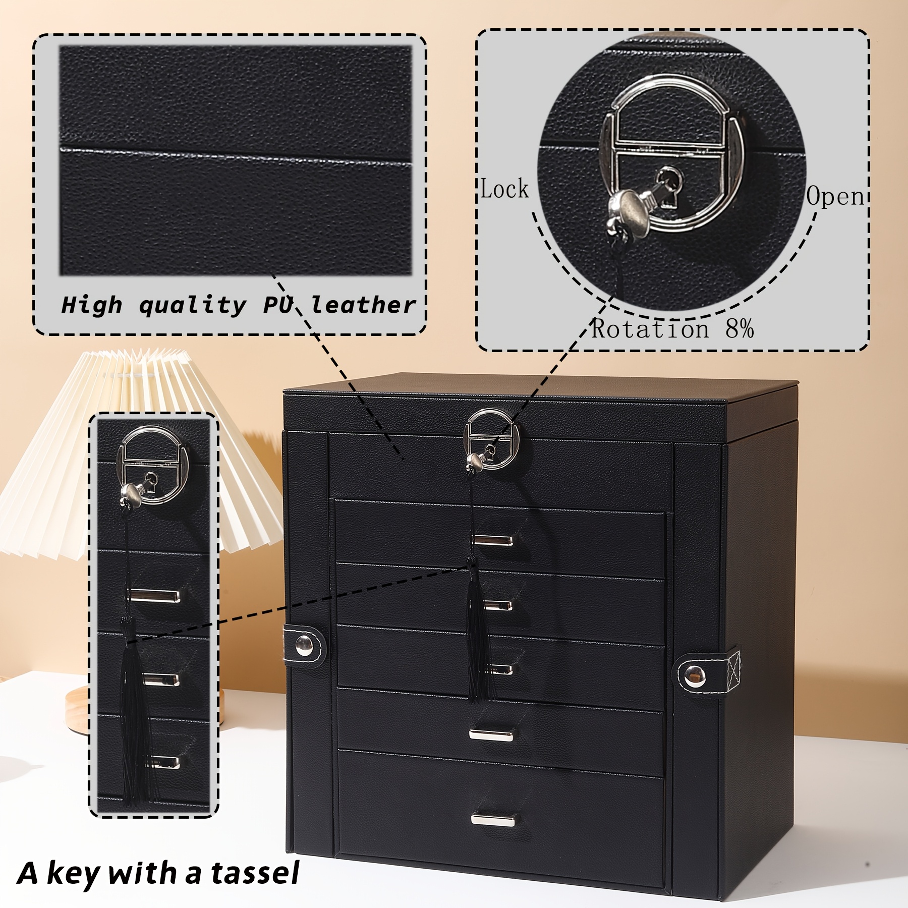 luxury 6 layer   leather jewelry box with   lid lockable storage for watches necklaces rings earrings cream interior black exterior   gift for thanksgiving mothers day graduation jewelry gift box Product details 4
