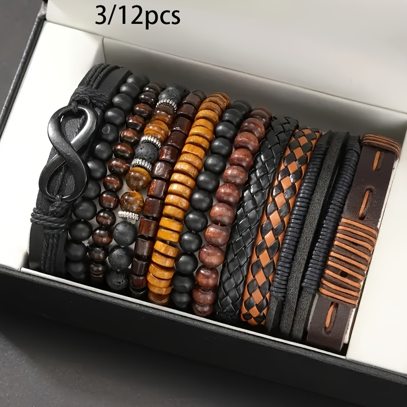 3/12pcs Retro Style Men's Stackable Bracelets Set