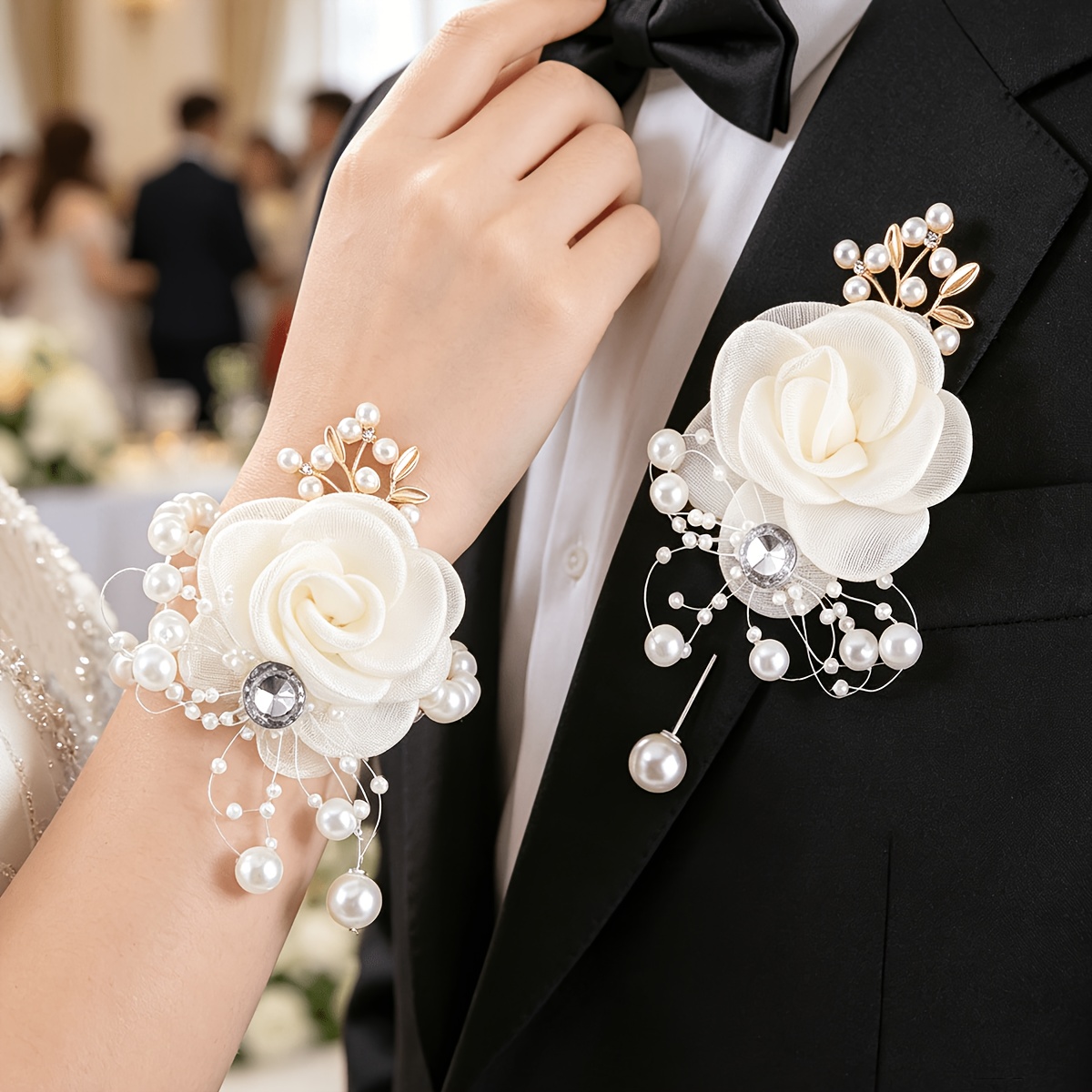 TEMU Ensemble de 2 pièces : Corsage de poignet + Boutonnière, Corsage de poignet et pour mariée et d', Décoration perlée avec feuille dorée et strass