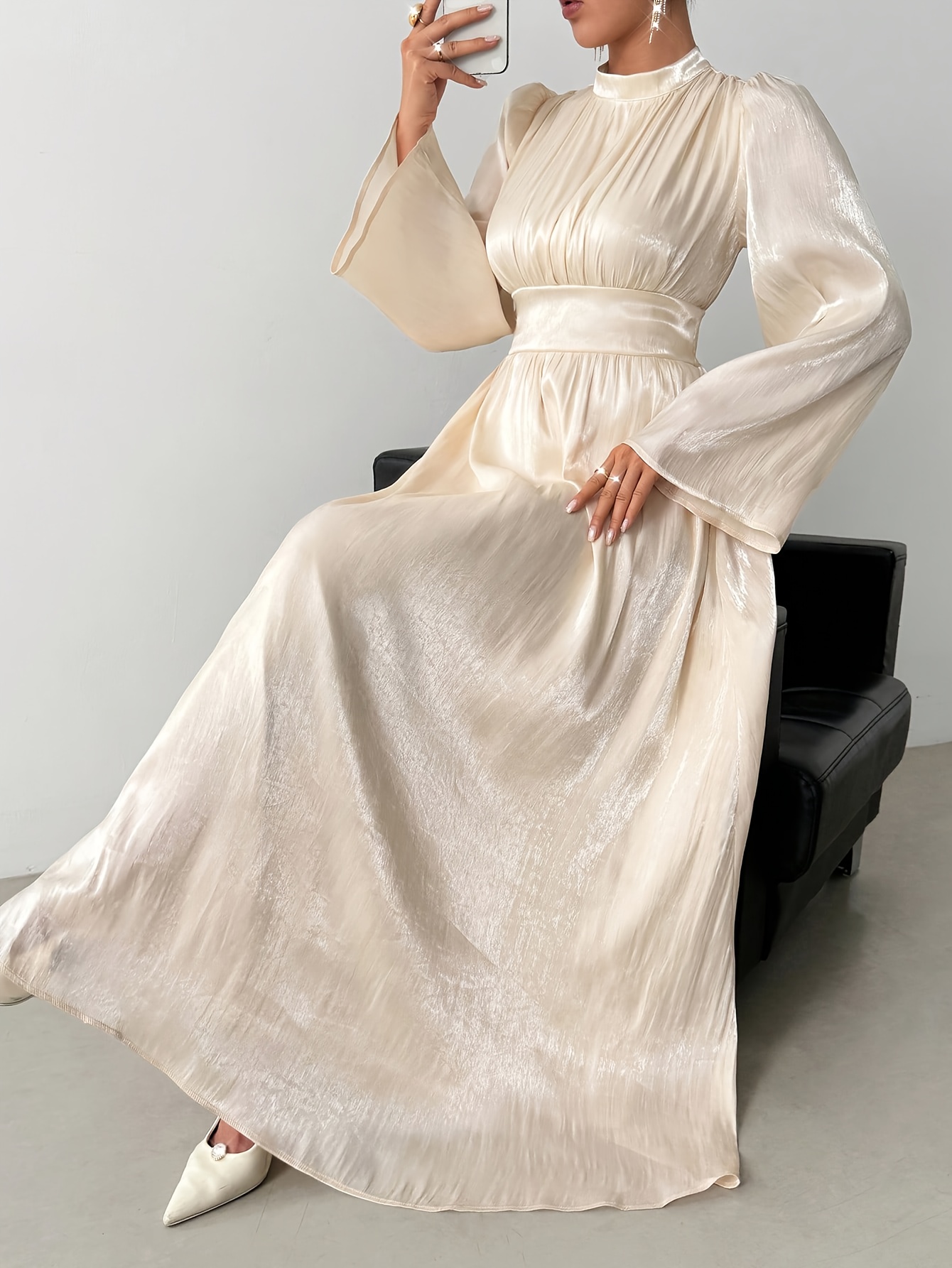 chinese dress ladies Iris Long Sleeve Satin Maxi Dress / Black | Meshki