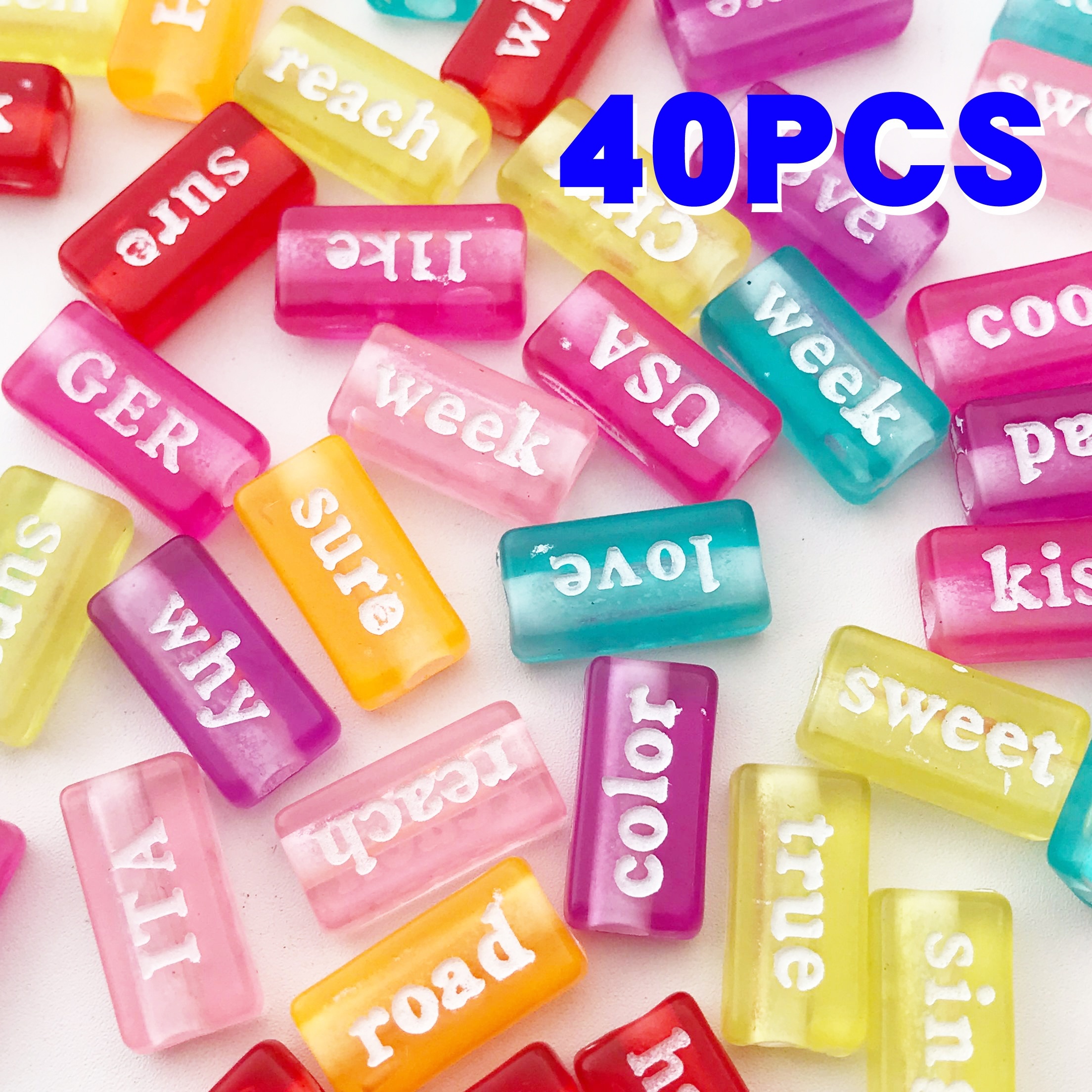 TEMU 40pcs Acrylic Word Beads For Making - 15mm X 7.5mm Multicolor Craft Beads With Inspirational English Words, Transparent & Vibrant Colors For