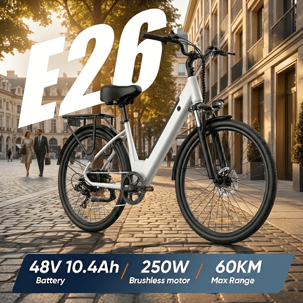 Electric Bike 26" Commuter City E-bike With 48v 10.4ah Battery (60 Km Range), 250w Motor, Perfect For Urban Travel Lightweight & Durable Frame