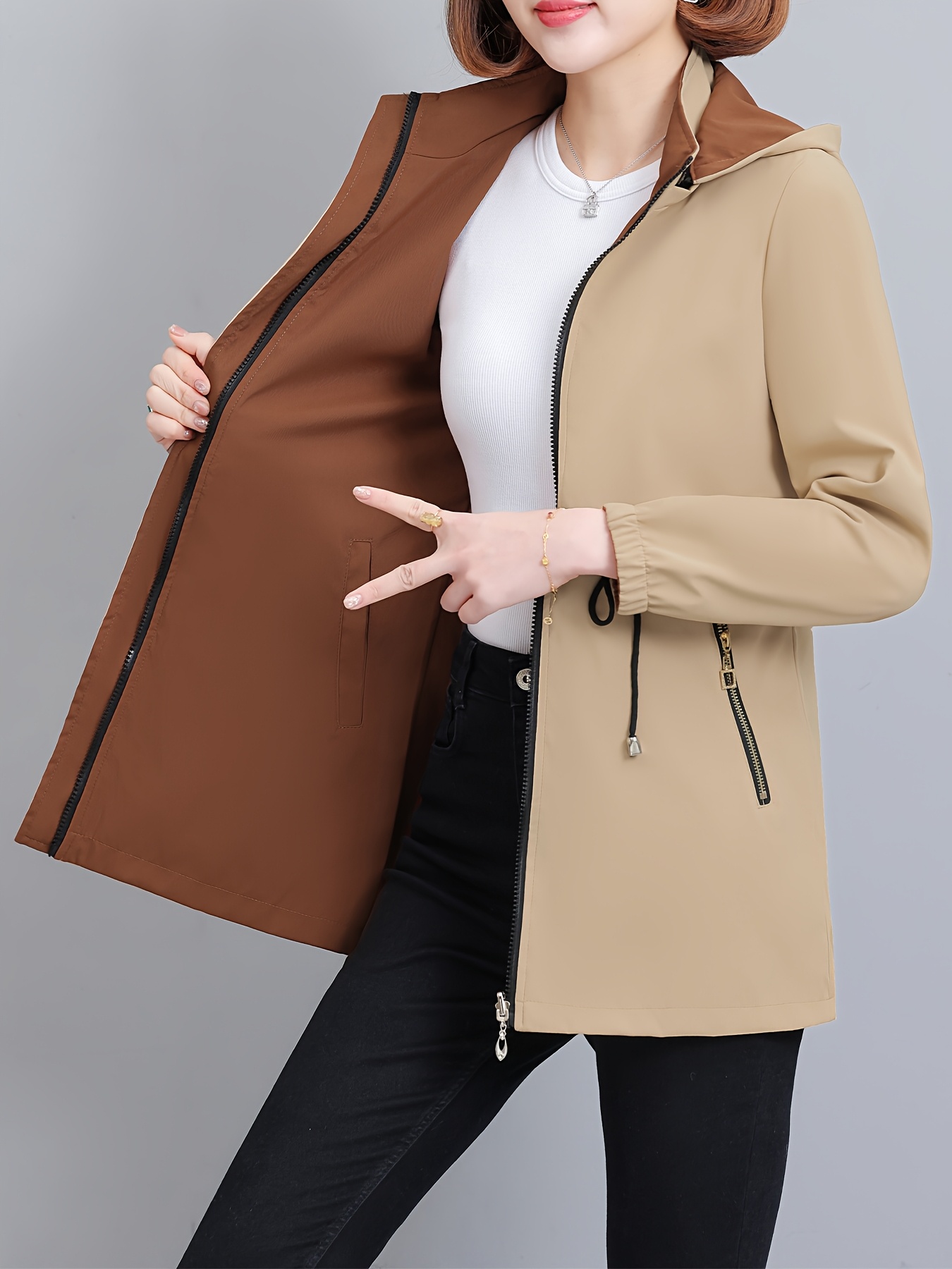 Chaqueta Elegante con Capucha de Longitud Media para Mujer - Abrigo Reversible a Prueba de Viento con Cintura Ajustable y Bolsillos con Cremallera, Ropa Casual de Color Sólido para Primavera/Otoño, Sudadera con Cordón, Diseño Estructurado