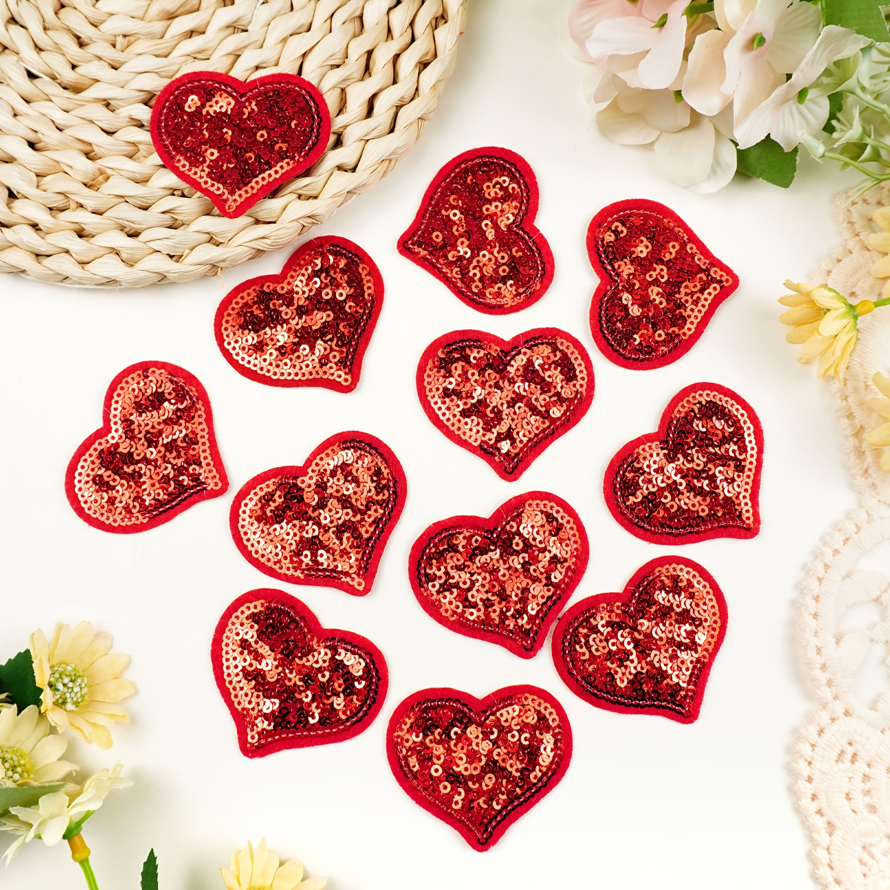 Image of 12pcs Set Of Small Sequin Hearts In 4 Colors, Suitable For Decorative Patching On Clothing, Bags, And More