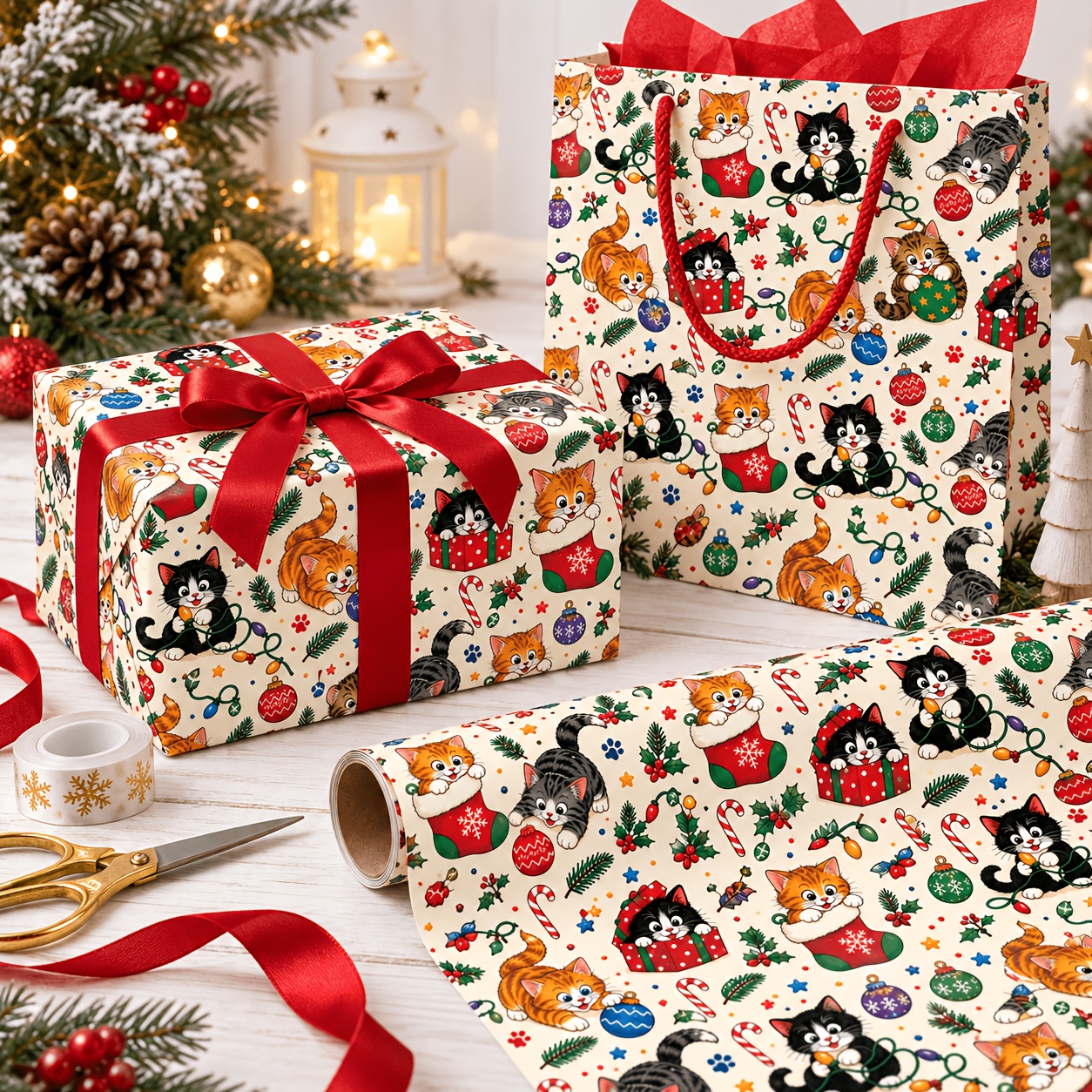 TEMU Noël Chaton, Motif Cadeau Animal de Noël Cartoon, Papier Revêtu Simple Face 43Cm X 300Cm Épaissi Mat Premium, Papier d'Emballage Cadeau Noël,