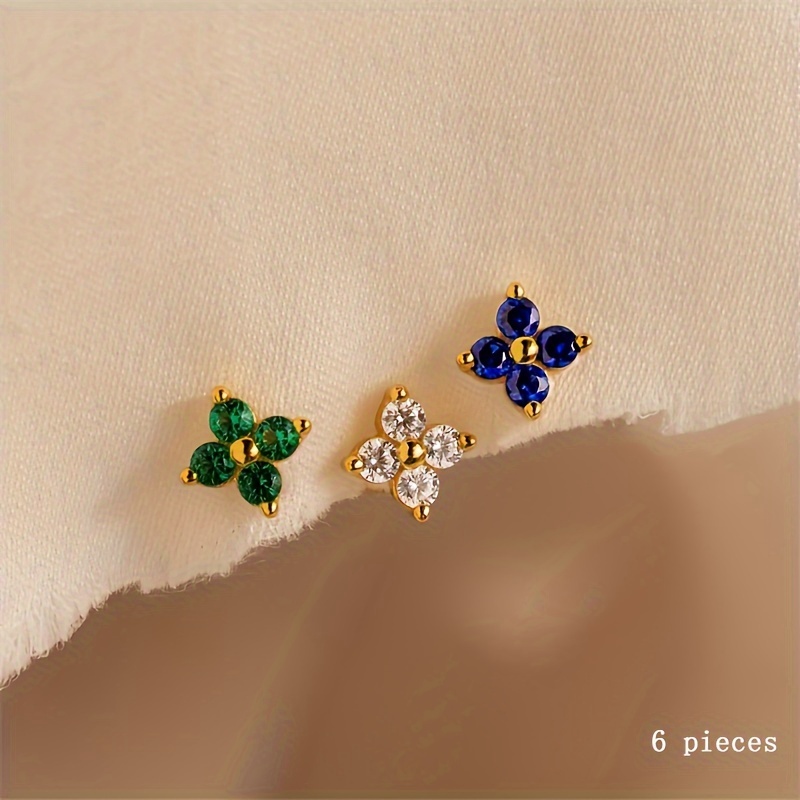 E-shop 6er-Set Böhmische Vintage Blumen Synthetische Zirkonia Ohrringe für Damen, Klein und Exquisit, Bunte Ohrringe, Personalisiert, Einfach und