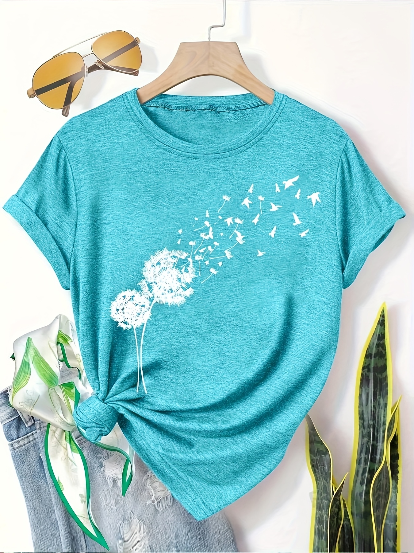 5pcs womens casual short sleeve t shirts summer round neck geometric print tees with dandelion floral     options breathable machine washable fabric cute t shirts everyday outfit     printed   adults Product details 1