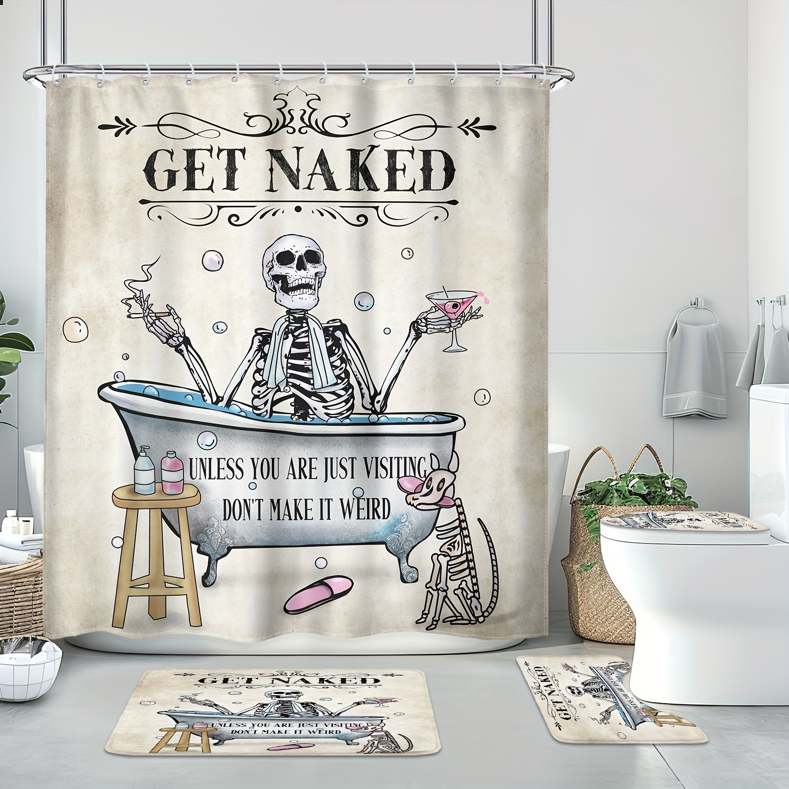 

1/4pcs - Interesting Shower Curtain Set, Retro Gothic Decor Bathroom Curtain With 12 Hooks, Non-slip Bathroom Mat, Toilet U-shaped Mat, Cover Mat, Bathroom Home Decoration, Halloween Decorations