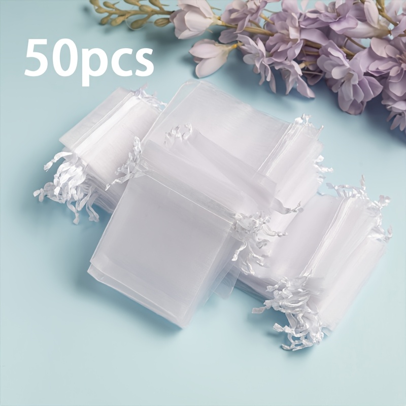 TEMU 50 Stück Weiße Organza Geschenktüten mit Kordelzug, Durchsichtig, Geeignet für Hochzeitsgeschenke, Gastgeschenke, Schmuck, Süßigkeiten und