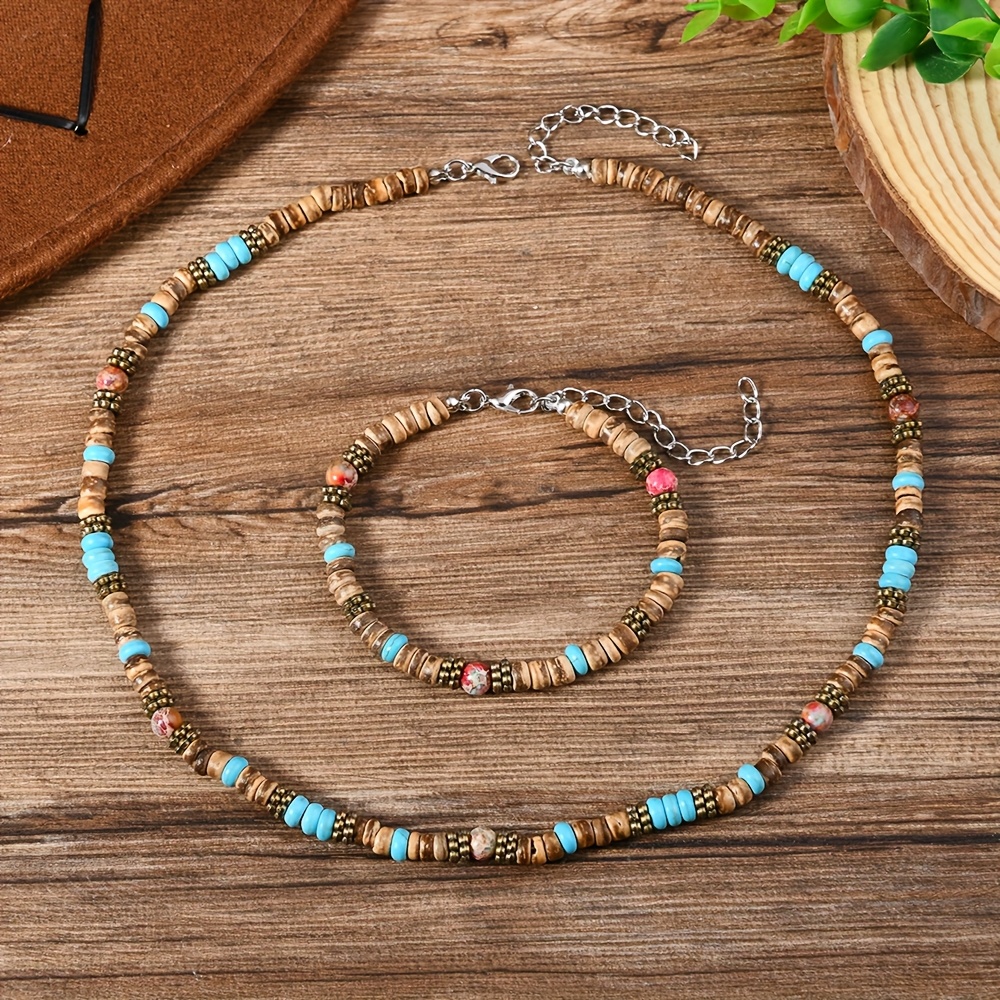 Image of 2pcs Vintage Coconut Shell Jewelry Set - Multicolor Beaded Necklace And Bracelet With Wooden Accents, Rustic Bohemian Style For Men, Tropical Jewelry