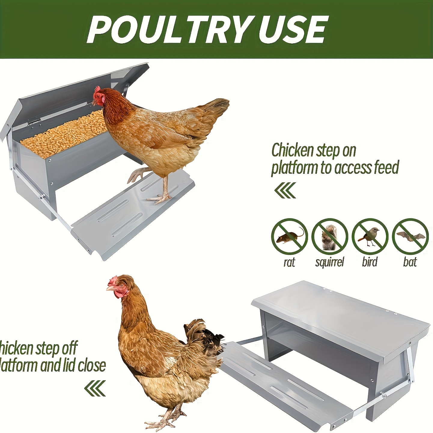 

Automatic Metal Feeder Kit For Poultry - Rodent-proof, Leak- With Weatherproof Cover - Ideal For Ducks, Short-legged Chickens &