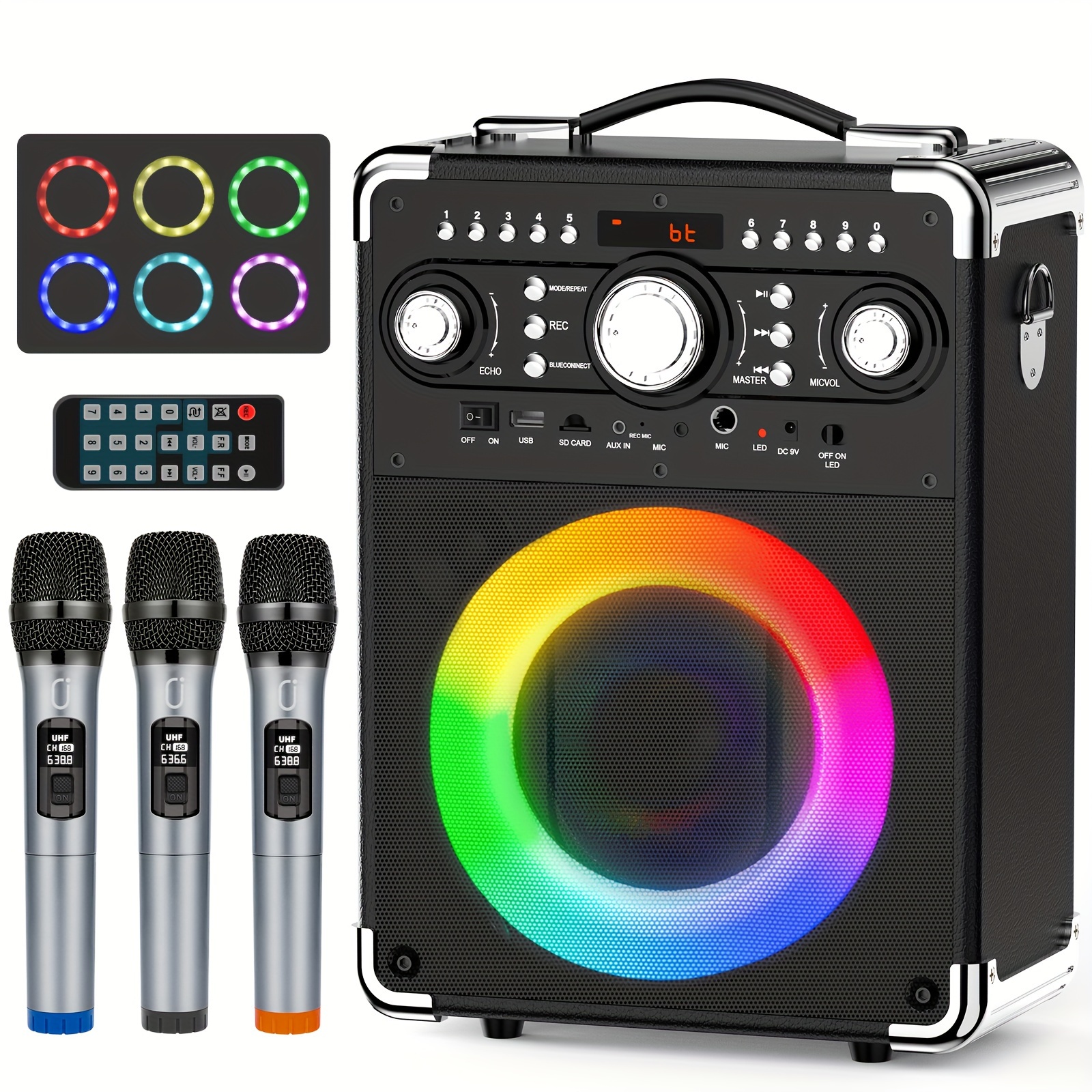 TEMU Karaoke Setup Featuring 3 Wireless Microphones And A Home Speaker With A Pa System, Perfect For Parties