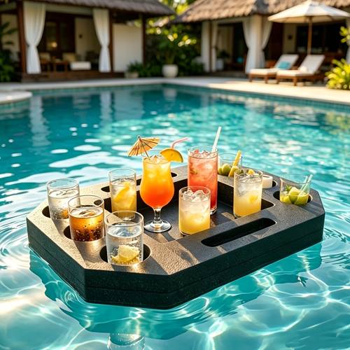 Large Black Floating Pool Tray, Multifunctional Water Leisure Coffee Table and Drink Holder, Floating Drink Storage Tray with Compartment, Lightweight Portable Tray Accessory, Suitable for Hot Tubs and