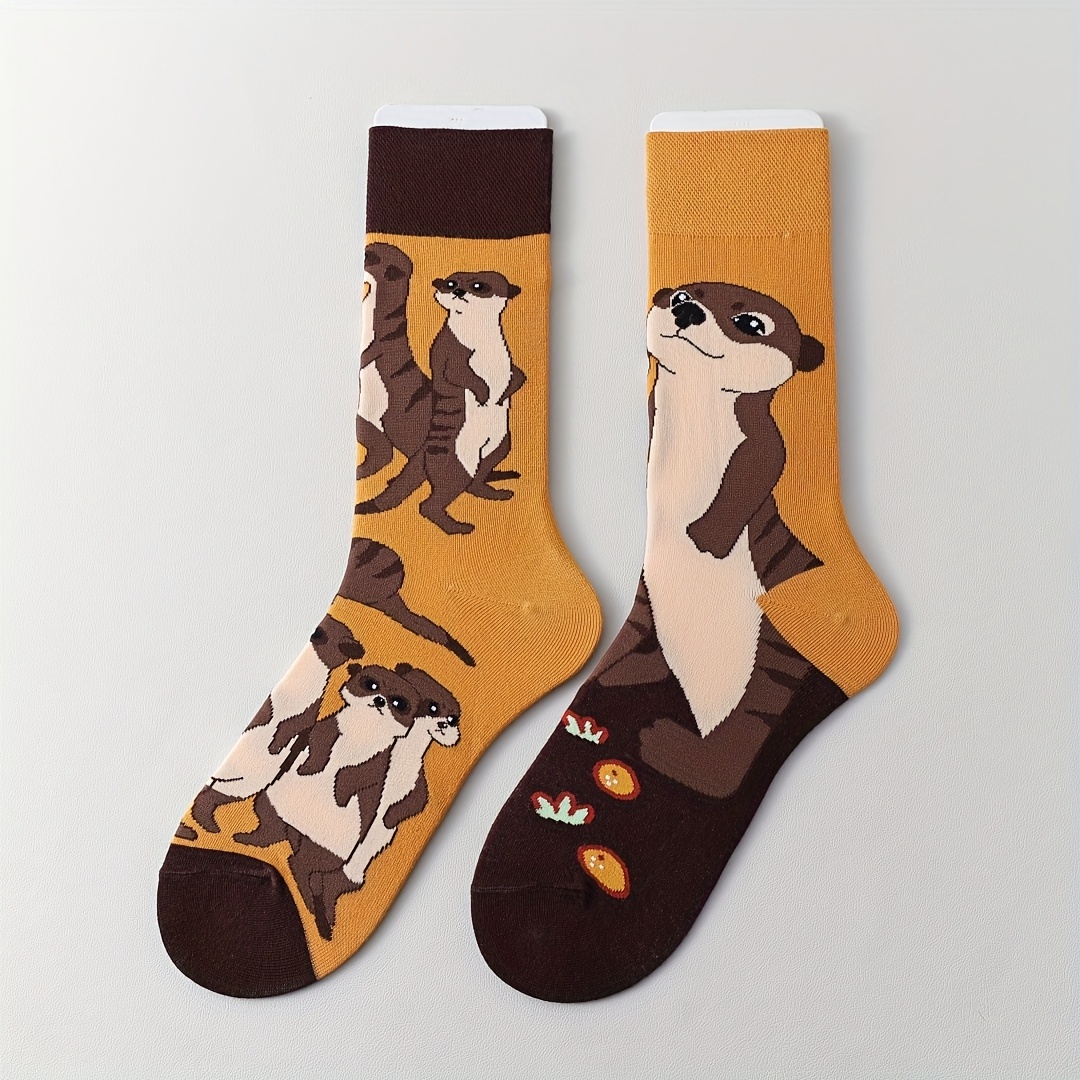 Image of 1 Pair Of Stylish Ab-style Otter-patterned Mid-calf Socks, Comfortable And Unique, Suitable For Sports And Casual Wear