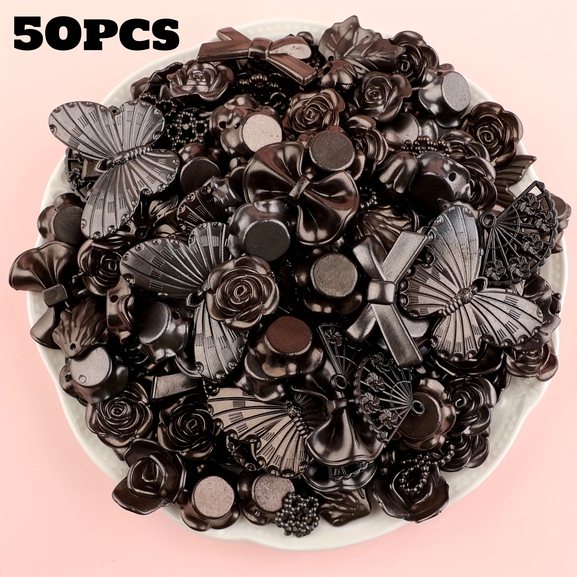 TEMU 50 Dark Gothic Style Black Rose, , And Bead Pattern Decorative Accessories, Small Ornamental Parts, Baroque Black Accessories, Suitable For ,