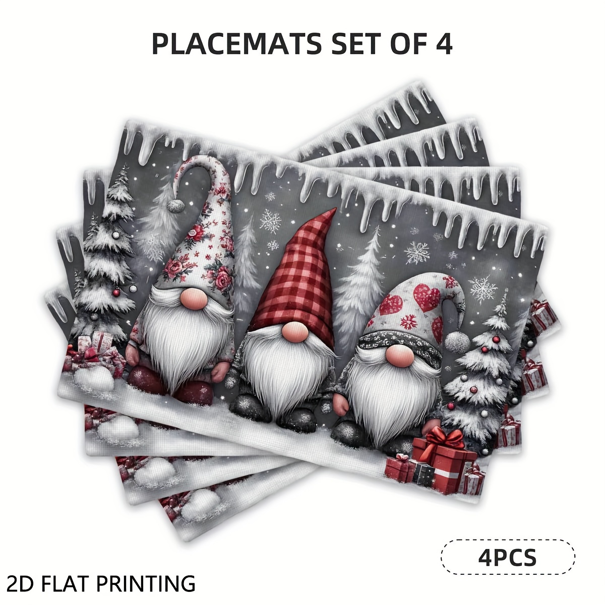 Image of 4pcs/6pcs Christmas Placemat Set For Dining Table, Gnome Snowflakes Pattern Popular Home Placemats, Seasonal Holiday Decoration Rustic Vintage Washable Table Mats Christmas Decorations