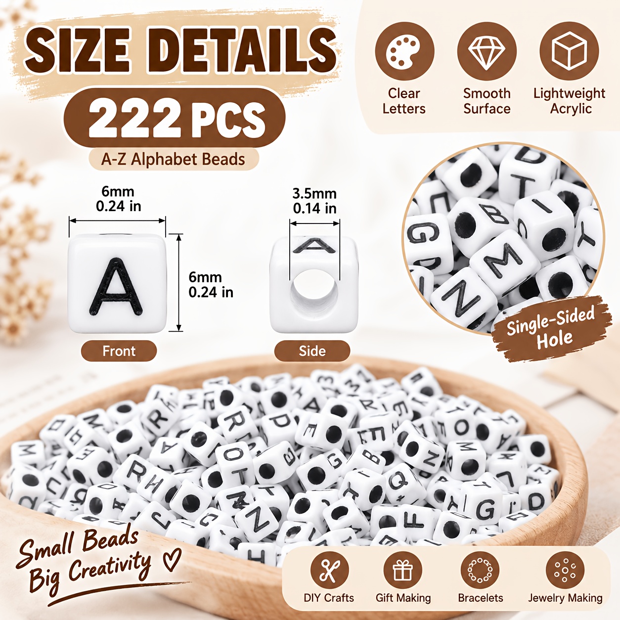 TEMU 222pcs White Acrylic Letter Beads 6mm Cube Alphabet Beads A-z Single Sided Letter Beads 3.5mm Hole Loose Beads For Jewelry Making Bracelet Name