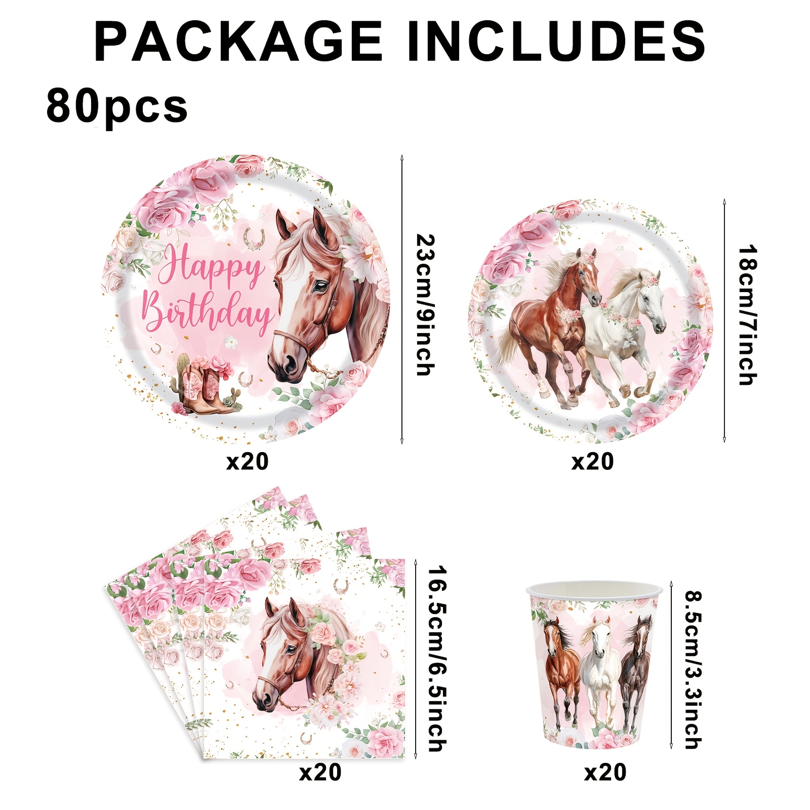 Image of 80pcs Pink Pony Party Tableware Set, Cowboy Birthday Supplies, Includes Paper Plates, Napkins, Tissues, Serves 20 People, Party Supplies, Holiday Decorations, Party Packs I Halloween I Navidad