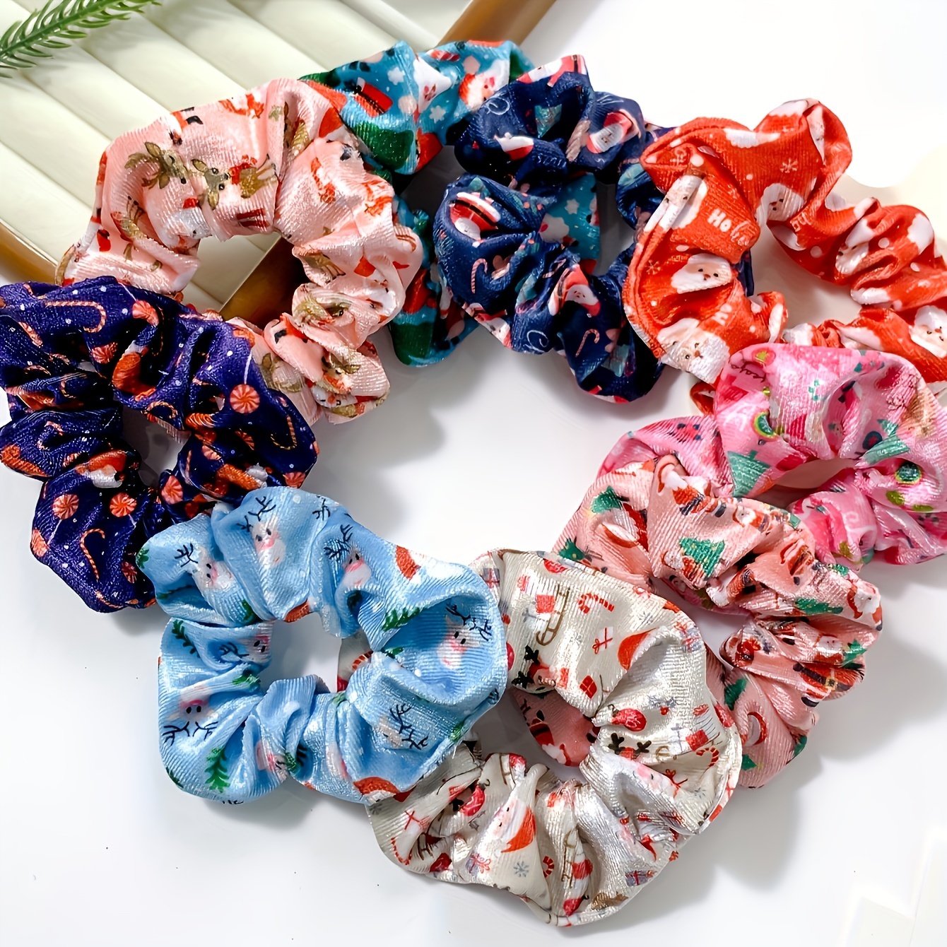 

9 Pcs Festive Christmas Printed Velvet Scrunchies - Perfect For Christmas Gifts And Hair Accessories