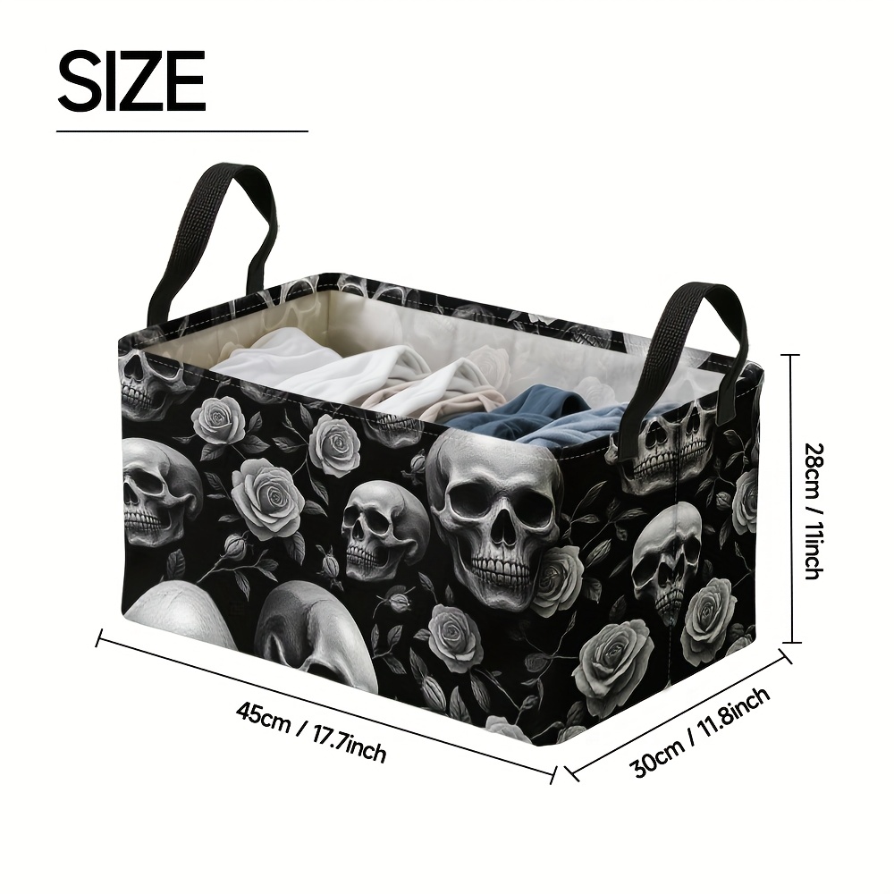 TEMU 1pc Extra Large Gothic & Roses Pattern Storage Basket - Foldable Oxford Bin With Metal Frame, 28x17x11.8 Inch, Black With White , Perfect For