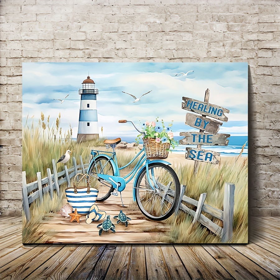 

Lighthouse Beach Canvas Wall Art With Vintage Bicycle, Coastal Decor Painting For Home Office, 11.8"x15.7" Wooden Framed And Ready To Hang