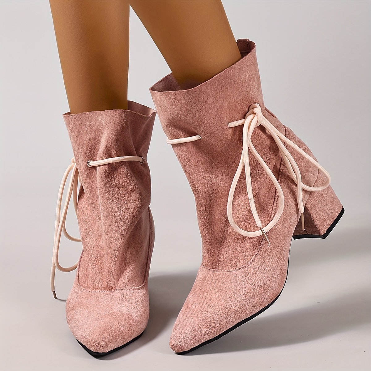 TEMU Pink Shaft Lace-up Slip-on Mid-heel Casual Commuting Versatile Fashionable Elegant Women's Boots, Women Shoes
