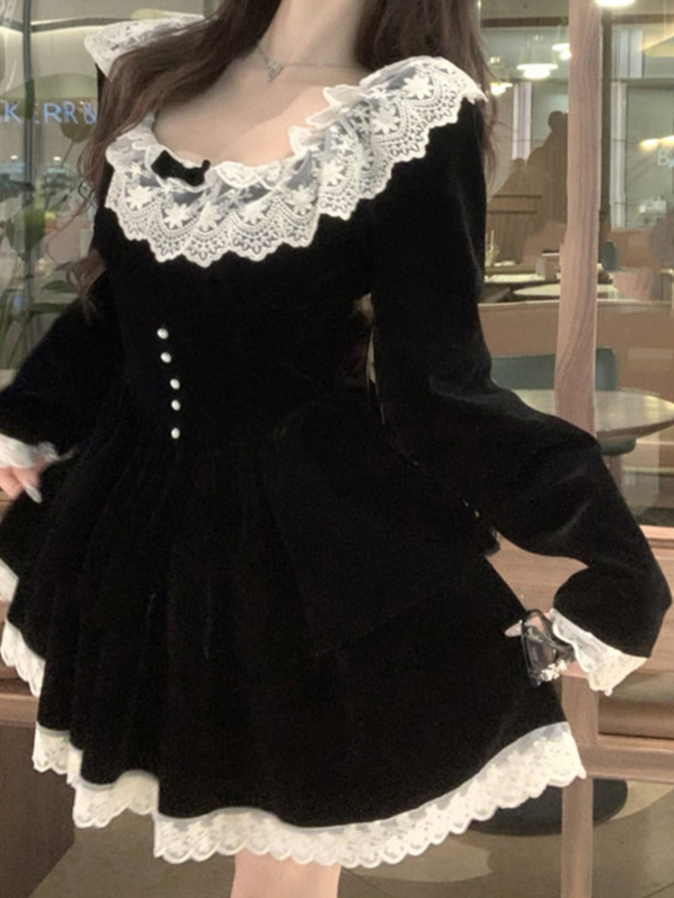 elegant black velvet dress lace trim scoop neck long sleeves - Temu