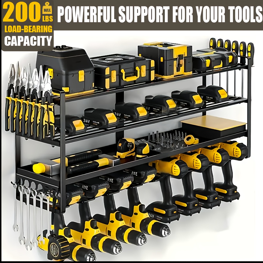 TEMU Metal Storage Rack For - Wall-mounted Organizer For Electric Tools Featuring 8 Drill Bit Slots And A 4-tier Design, Complete With A Screwdriver