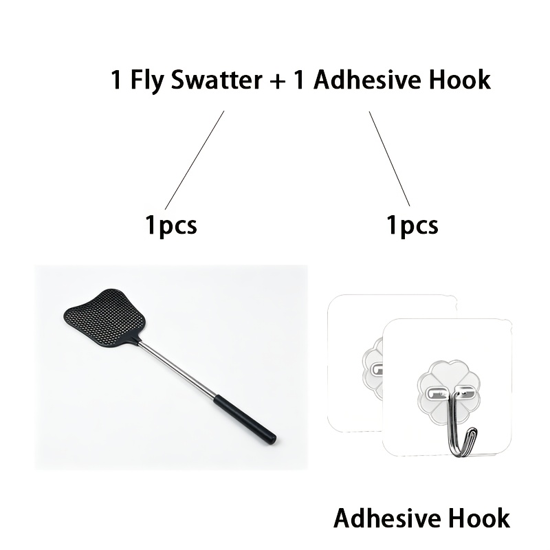 2pcs(1 Fly Swatter+ 1 Adhesive Hook)heavy Duty Retractable Fly Swatter, Extendable Stainless Steel Pole Durable Plastic Insect Swatter, Portable Bug Catcher For Home Classroom Indoor Outdoor Use