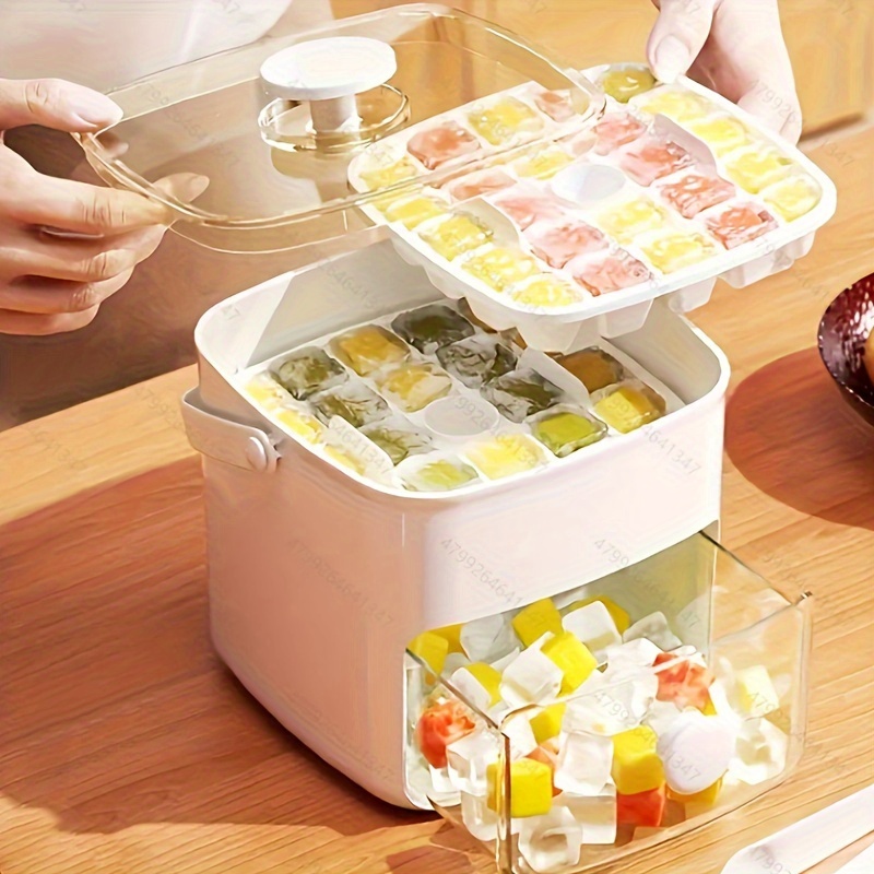 large 48 cube ice maker with lid double layer food grade plastic tray clear lid access stackable design for freezer storage coffee cold drinks cocktails space saving kitchen organizer modern kitchen gadget sleek ice maker durable plastic construction ice maker machine for countertop details 7