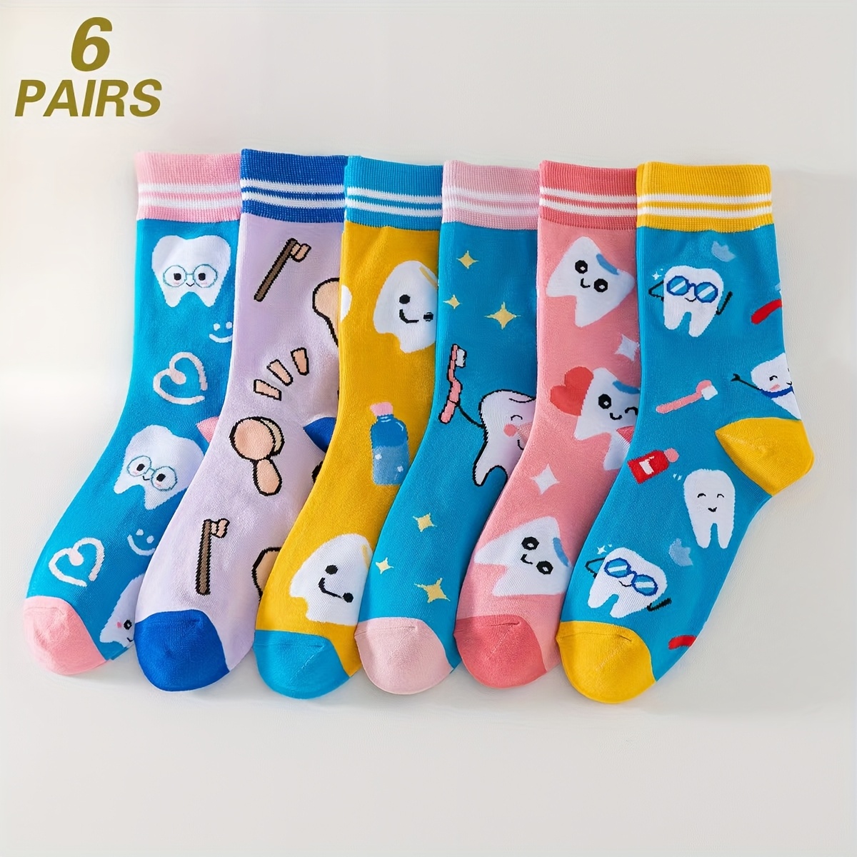 E-shop 6er-Pack Damen-Mode-Socken – Niedliches Cartoon-Zahndesign mit verspielten Herzen, Sternen & Knochen – Lebendige Farbauswahl – Weiches