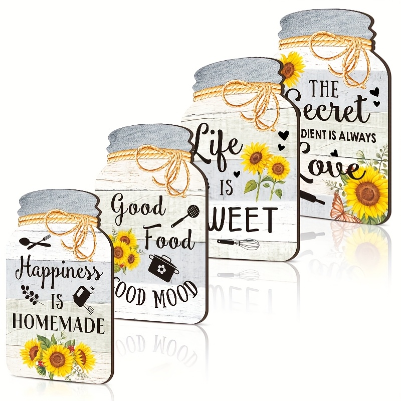 2D Flat, 2D Flat Plane, 4pcs Set - 2D Flat Printed Sunflower Kitchen Decor Wooden Hanging Sign, Wall Hanging, Rustic Style Aesthetic, 2D Flat