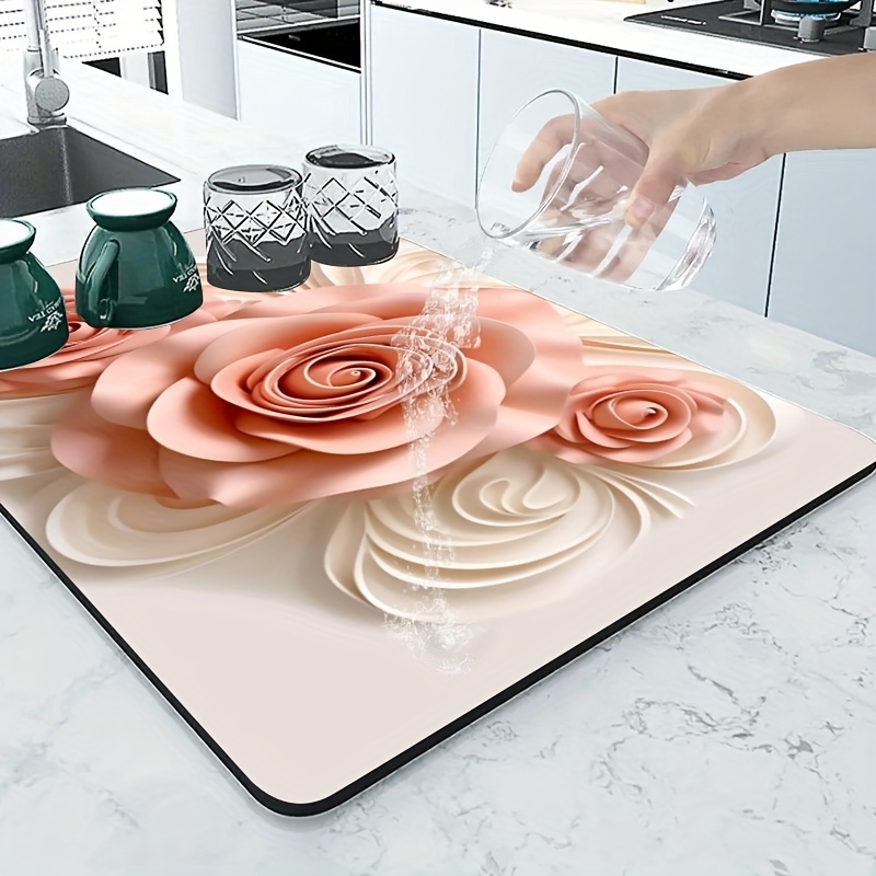 TEMU 1pc Drain Mat, Black Rose S Visual Effect Drying Mat, Kitchen Countertop Plate Drying Mat, Tableware Drying Mat, Super Absorbent Non-slip Rubber