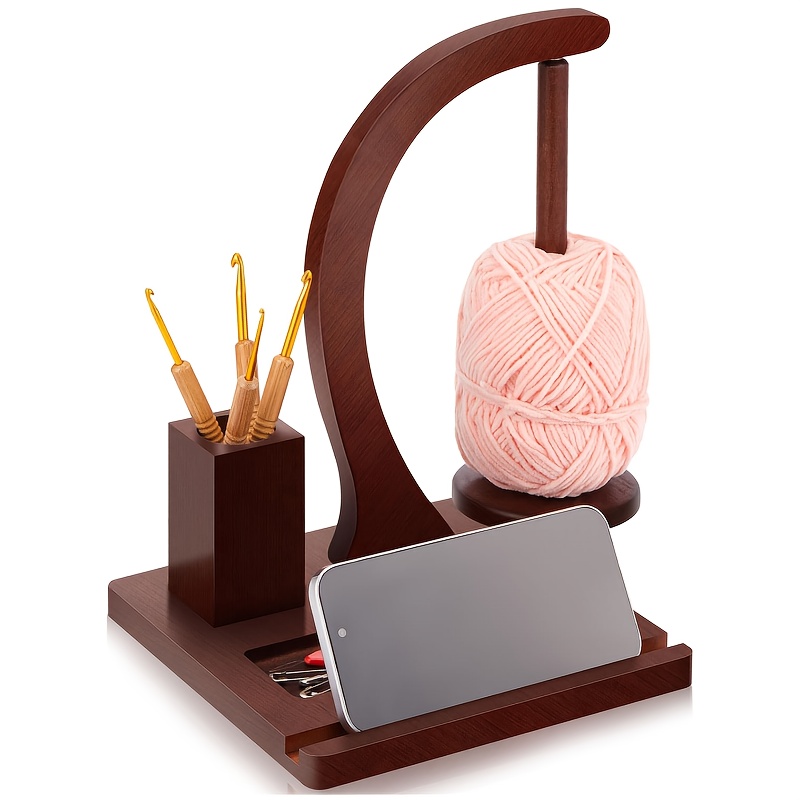 Image of Wooden Holder For Crocheting And Knitting With Mobile Phone Holder Magnetic Rotating Swing Yarn Ball Dispenser Crochet Gifts For Knitting