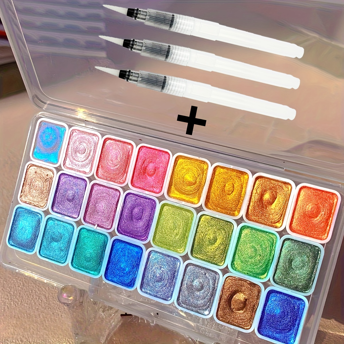 Image of 24-color Handmade Gel Watercolor Paints With 3 Brushes - Grade Sparkling Glossy Hues Suitable For School Crafts, Diy Projects, Professional Art Use - Bright Shiny Pigments