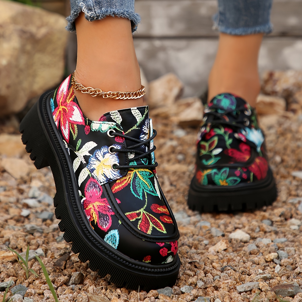 women's colorful chunky high heels, multicolor printed ankle strap