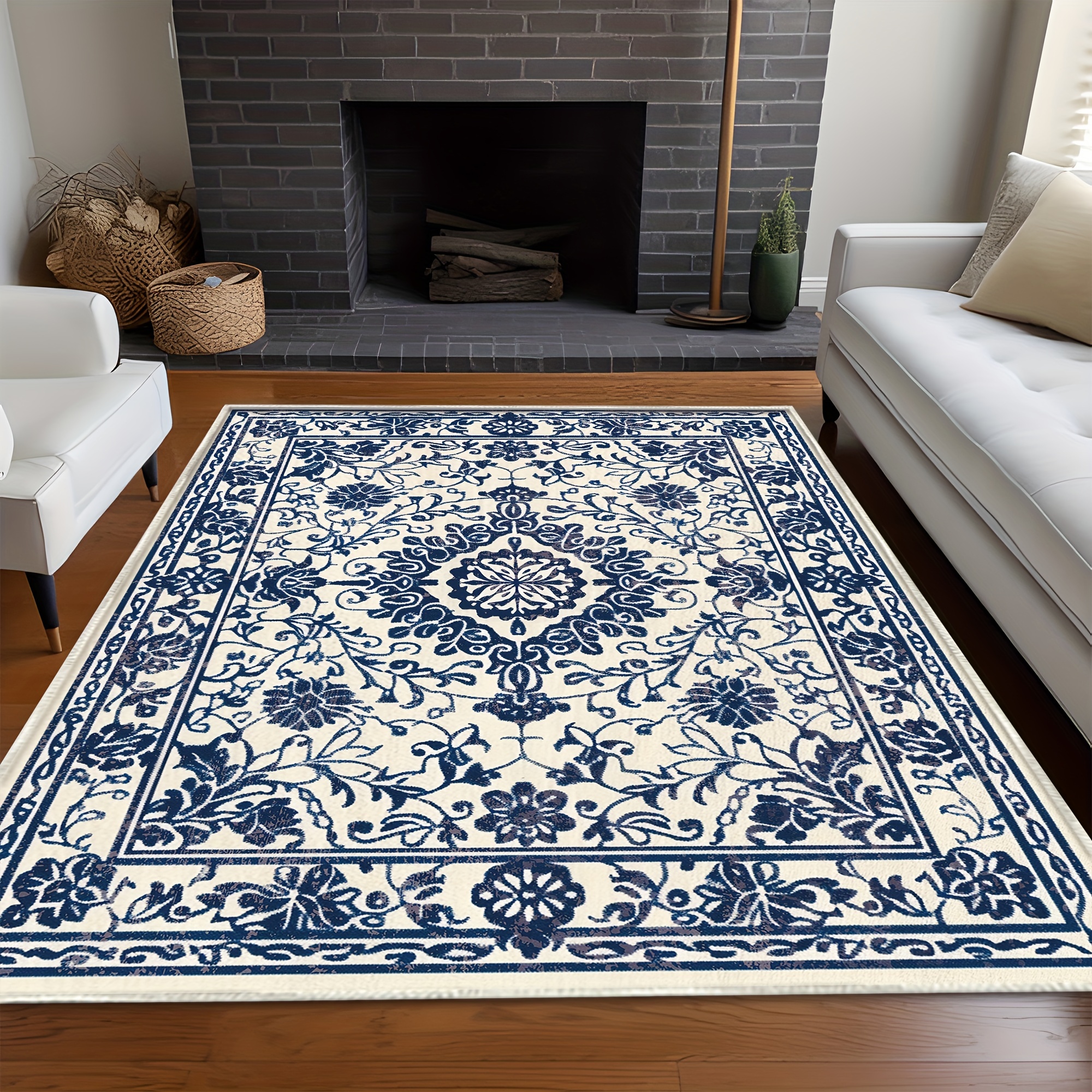 

Bohemian Persian Floral Area Rug - Soft, Non-slip Imitation Cashmere, Machine Washable For Living Room, Bedroom, Hallway - Blue & White