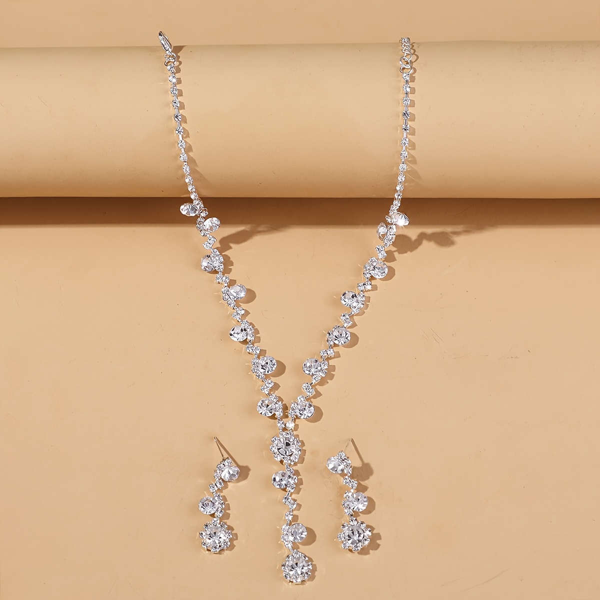 Silver Rhinestone Heart Necklace Earrings Set