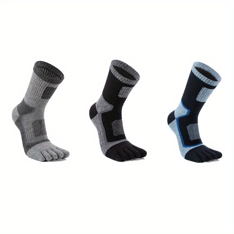 TEMU 3 Pairs Men's Mid-calf -toe Separated Running Socks - Breathable Moisture-wicking Anti-slip Reinforced Heel & Toe, Geometric Pattern For Hiking