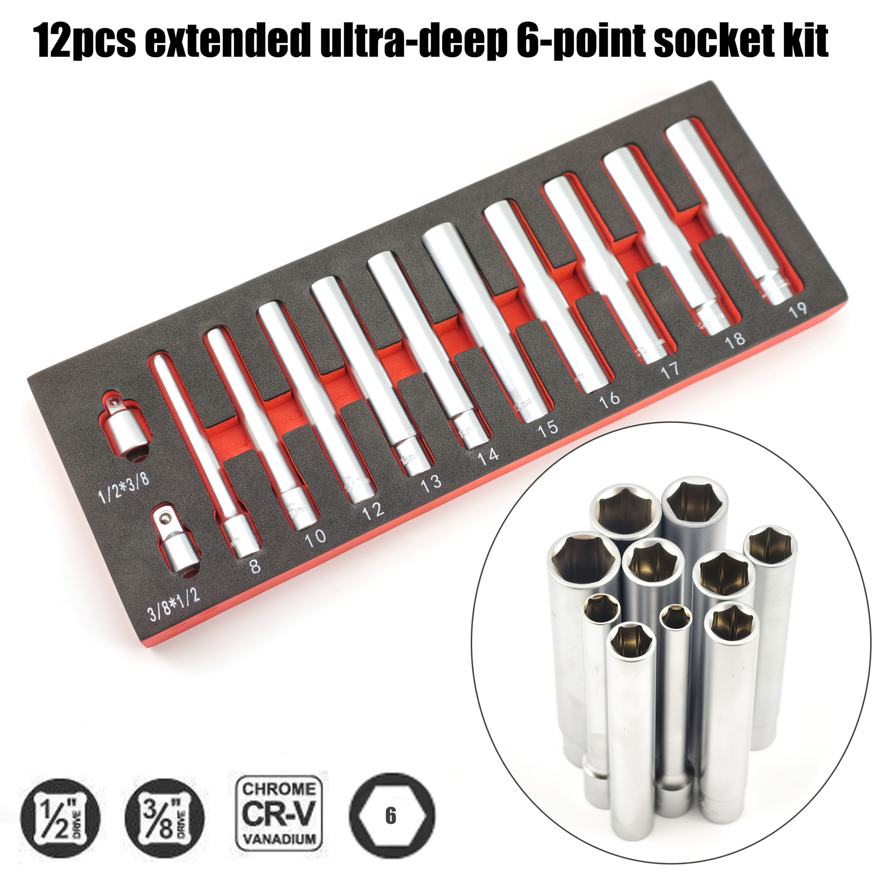 TEMU 12pcs 6-point Extra-long Socket Set With Adapters, 120mm Long Metric Sockets, 1/2-inch And 3/8-inch Drive, Includes 10pcs 8-19mm Sockets Plus