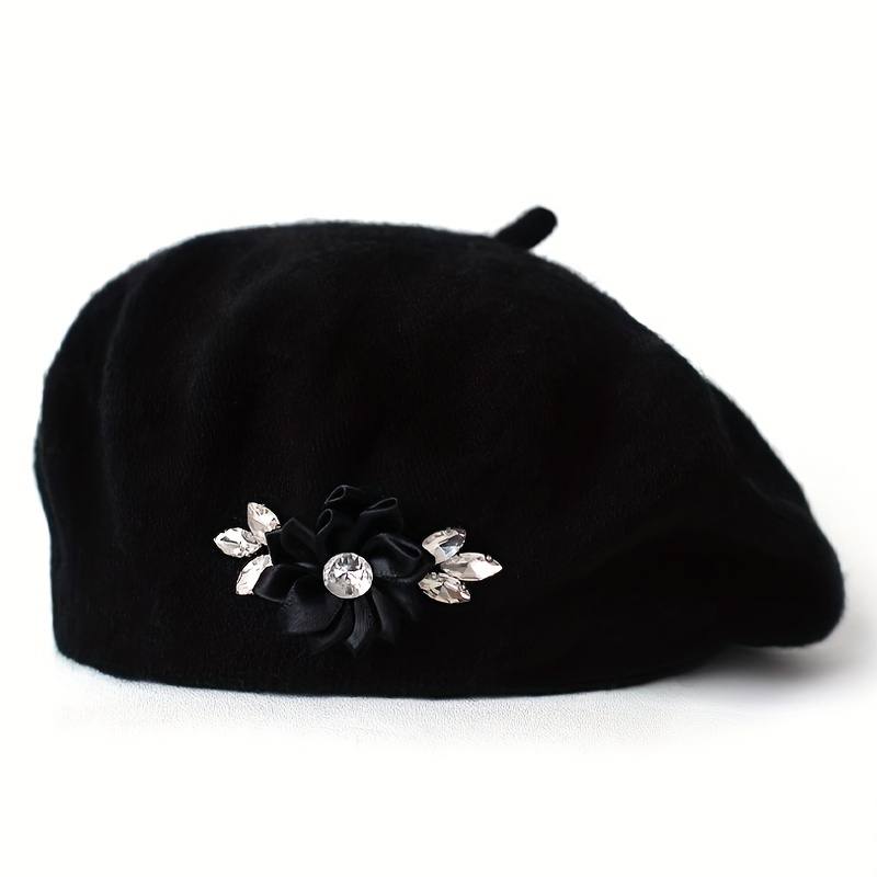 TEMU 1pc Rhinestone Flower Wool Solid Color Women's Beret Women's Hat Optional Suitable For Daily Use