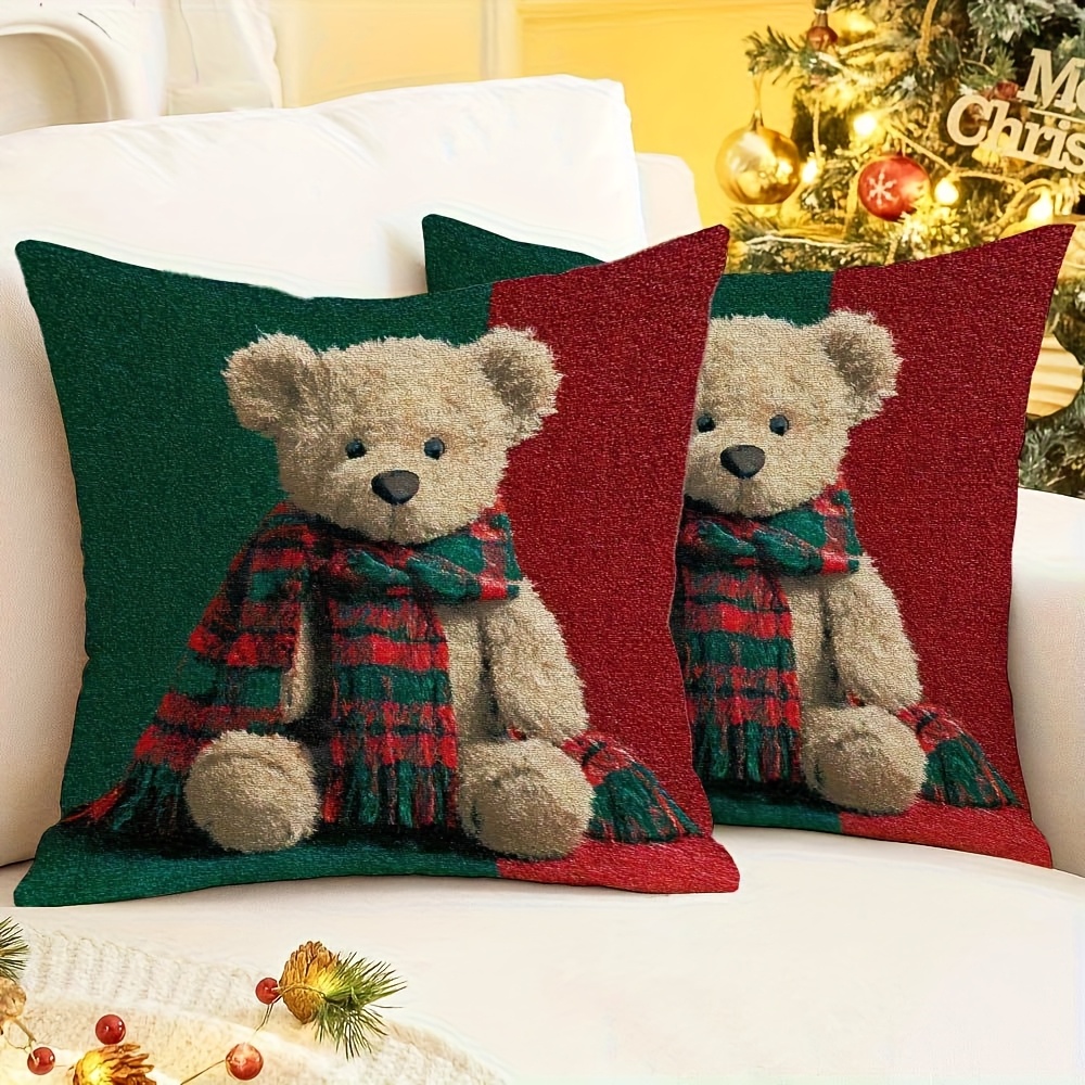 TEMU Set Of 2 Christmas And New Year Teddy Bear Pillow Covers, Featuring A Red And Scarf, Measuring 18*18 Inches - Festive Printed Decoration, With