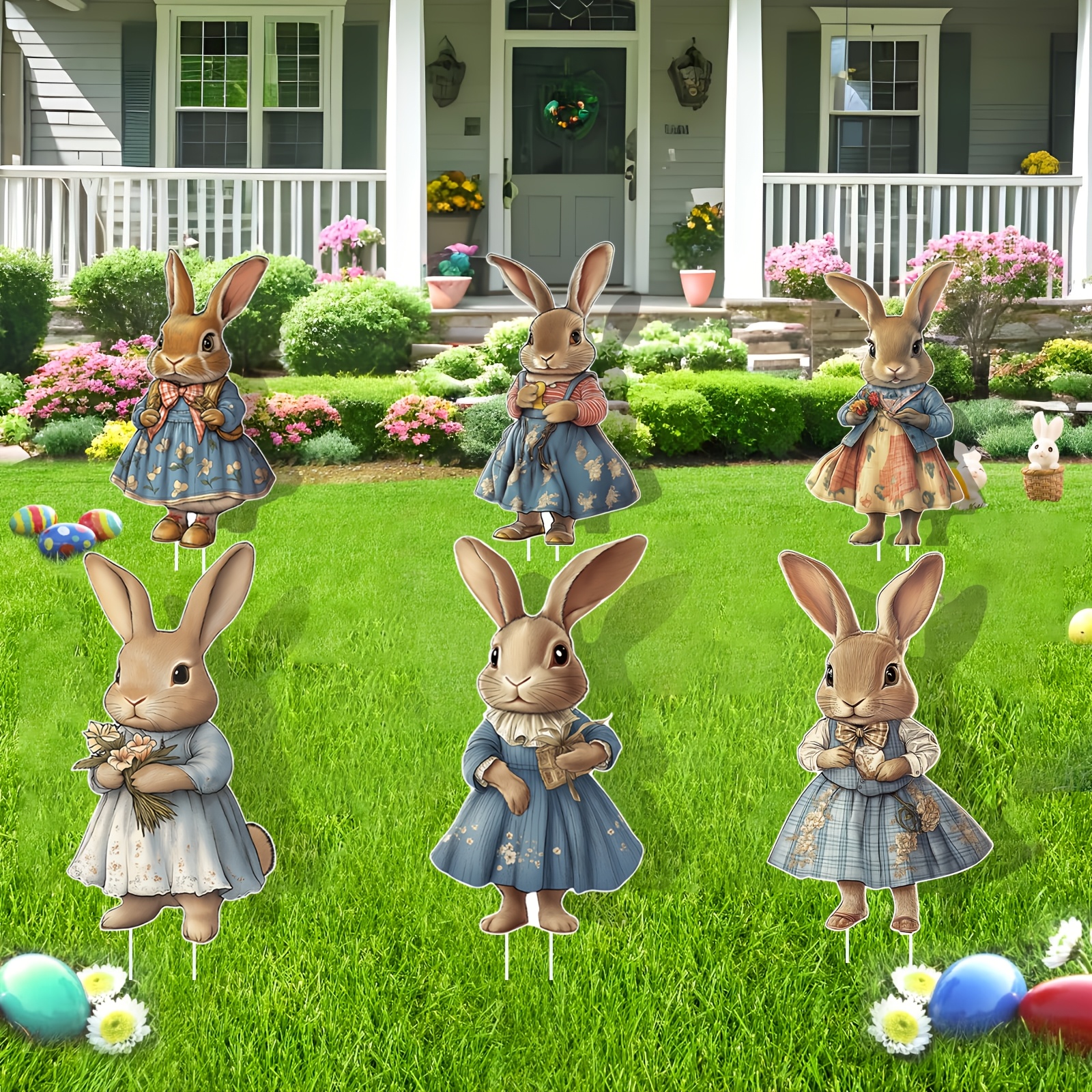 

6pcs Vintage Easter Bunny Yard Decorations Set With Stakes - , Lawn & Patio Rabbit Figures In Pastel Dresses, No Electricity Required - Ideal For Spring Outdoor Celebrations, Rabbit Accessories