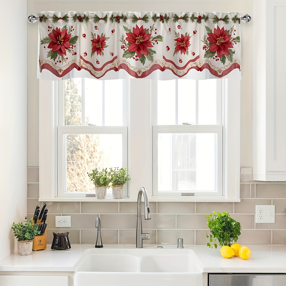 Temu – TEMU 1pc Christmas Red Floral Curtains, Christmas & New Year Poinsettia Kitchen Curtains, & Red Short Curtains, Coffee Shop, Living Room, Kitchen &