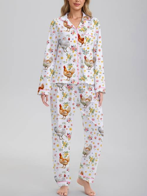 a two piece set featuring a large rooster print designed for women suitable for holiday parties it a long sleeve button up shirt with a collar and loose stretchy long pants casual outdoor wear or pajamas