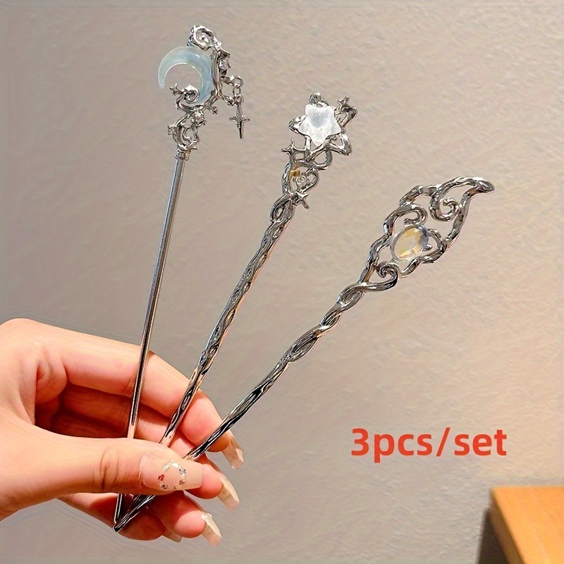 TEMU 3pcs Alloy Hairpin Set For Women, Chic Elegant Minimalist Crescent Moon Star Casual Hair Accessories, Holiday Wear, Christmas Gifts For Her